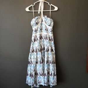 BCBGirls Halter Midi Sundress Sz Large Blue White Geometric Bustier Cotton Boho